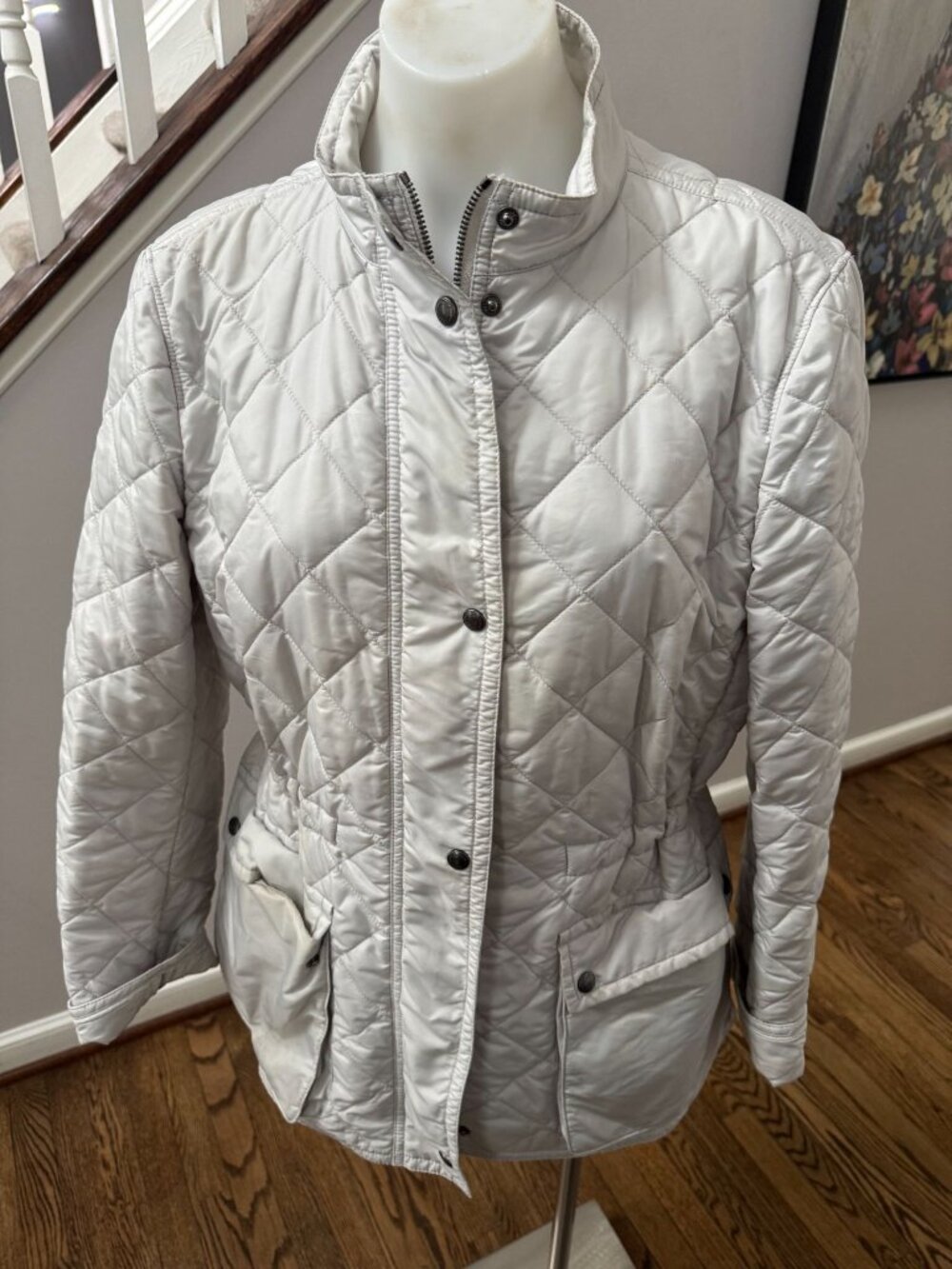 COACH Diamond Quilted Hacking Jacket Oyster Puffer Grey Size Large